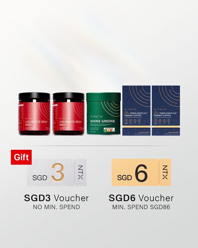 【升级套组】Eimele - Calibrate Red MAX 亦餐纤体胶囊*2盒+Coffee PRO 代谢咖啡*2 +Shine Green 绿粉家庭装*1 罐